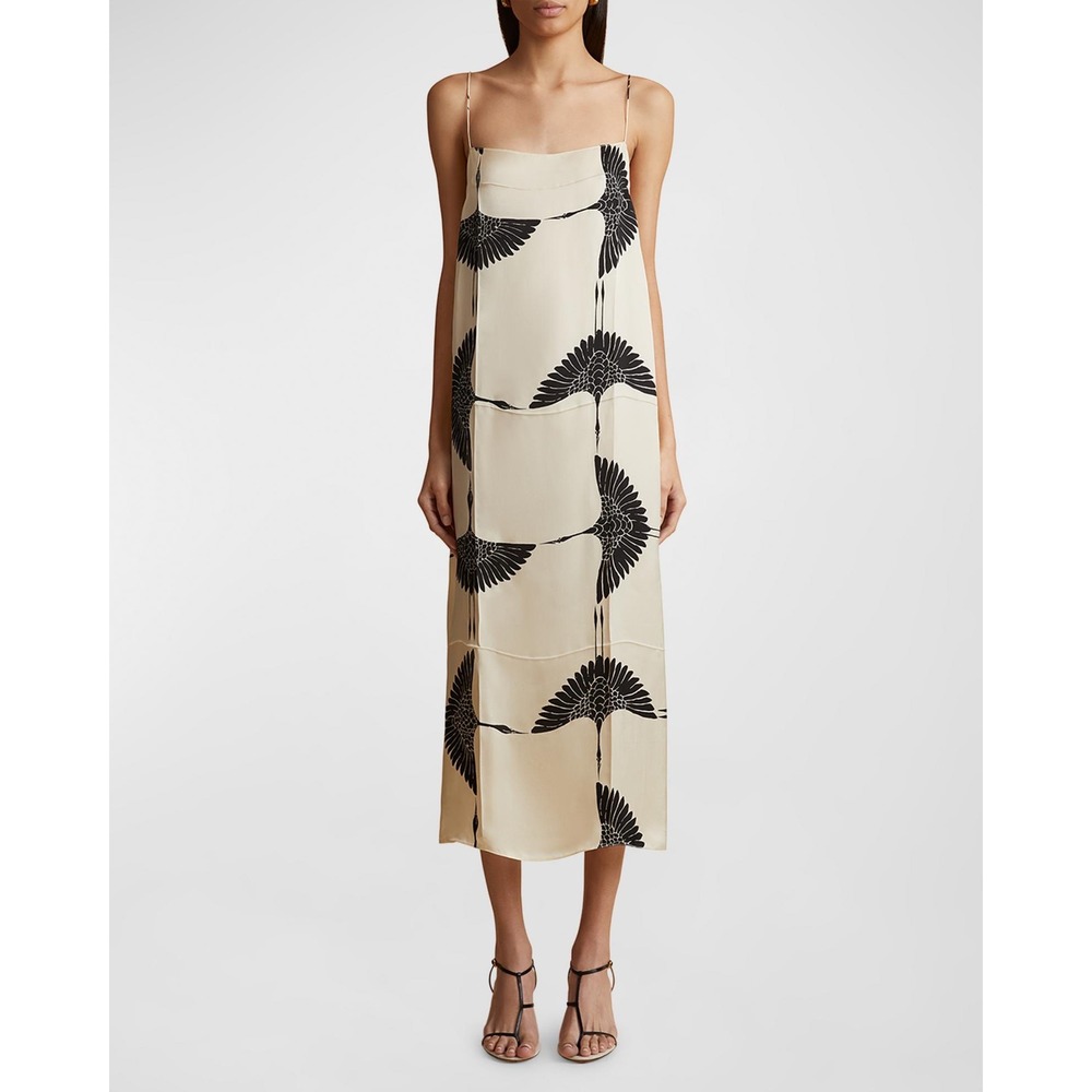 KHAITE Sicily Slip Midi Dress Ivory Cupro with Black Crane Print Size 2